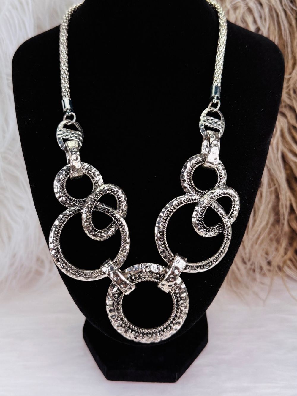 Silvertone Oversized Textured Circle Bib Necklace Lightweight Statement